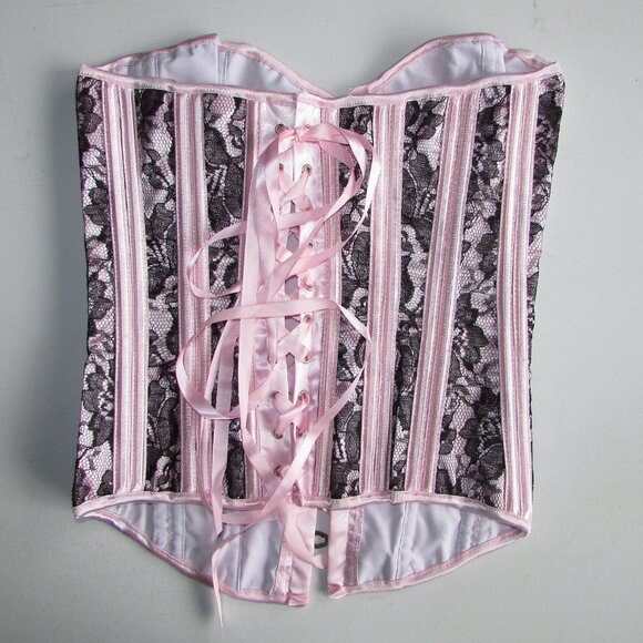 Pink Black Lace Steel Boned Corset Set - NEW - Picture 9 of 12